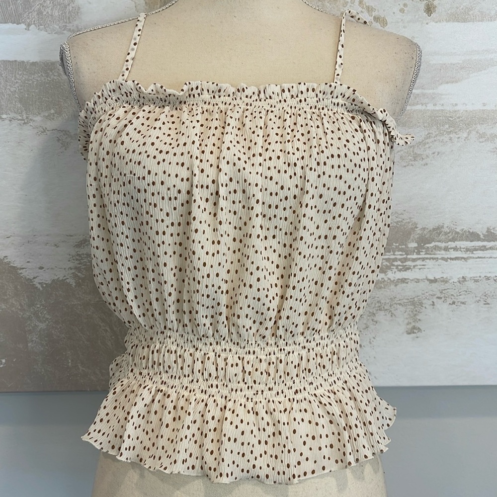 Brown/Ivory Flirty Polka dot top with adjustable spaghetti straps